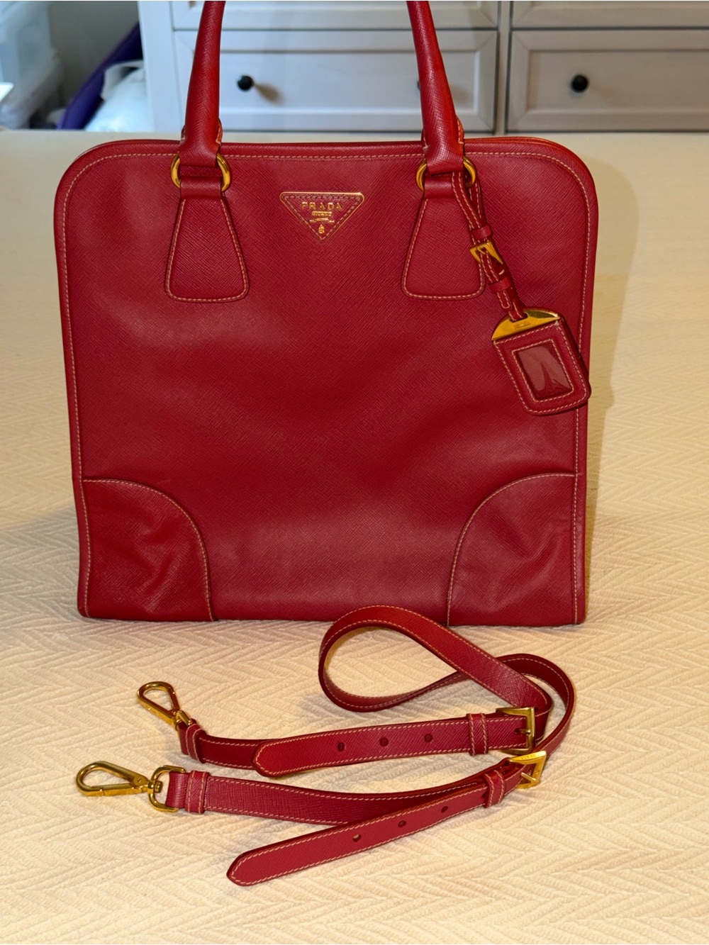 Prada Red Saffiano Leather Tote with Gold Hardware